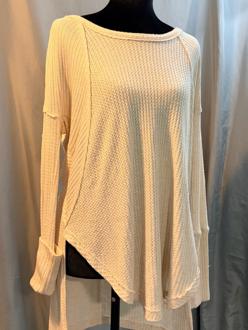 Free People Cream Textured Waffle Knit Long Sleeve Top
